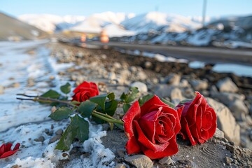 Red roses lie on a rocky, snowy path, capturing a moment of beauty amid a cold landscape. Hope Amidst the Snow, Silent Growth