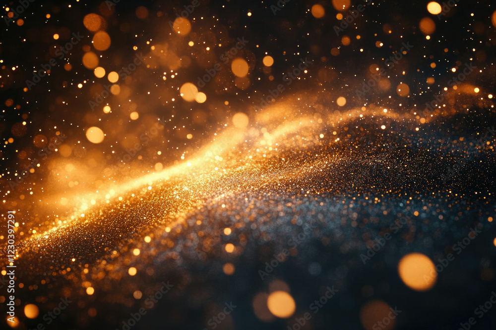 Poster Glimmering golden and silver particles create a mesmerizing, abstract, wave-like pattern on a dark background.
