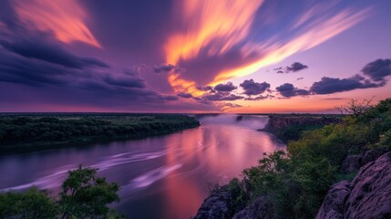 Dramatic sunset over river valley