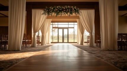 Sunlit aisle with floral decor leads to glass doors and scenic view.