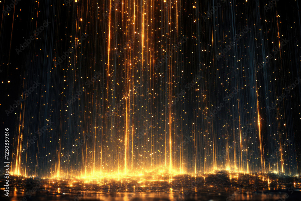 Aufkleber Golden light beams descend, illuminating a dark surface with sparkling particles, creating a magical, ethereal scene.