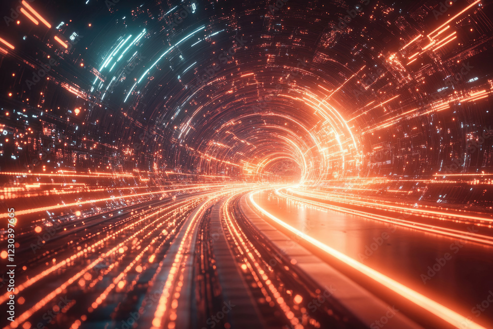 Poster a futuristic tunnel with glowing orange and teal lines, depicting high-speed travel through a digita