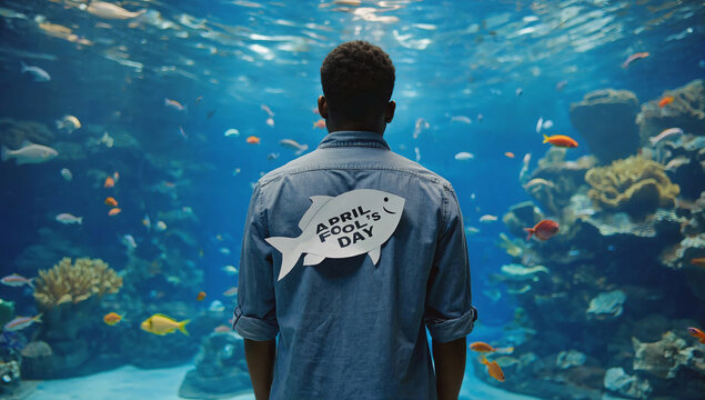 A man stands in front of an aquarium with fish in a museum, with a paper fish pinned to his back with the inscription "April Fool's Day". The concept of April Fool's pranks and fun