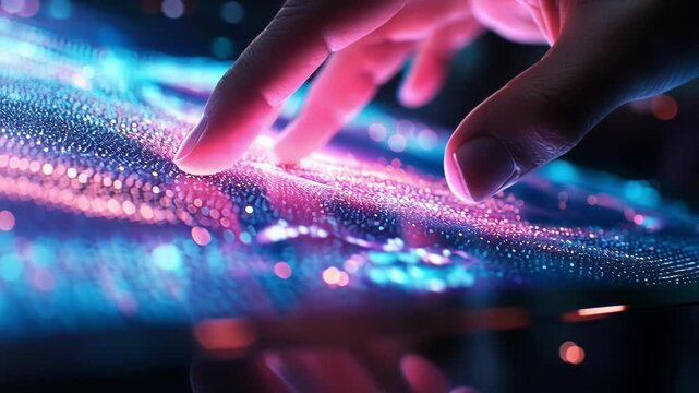 A closeup of a designers fingers tracing over a digital panel activating commands that change the color and texture of a floating augmented reality prototype.