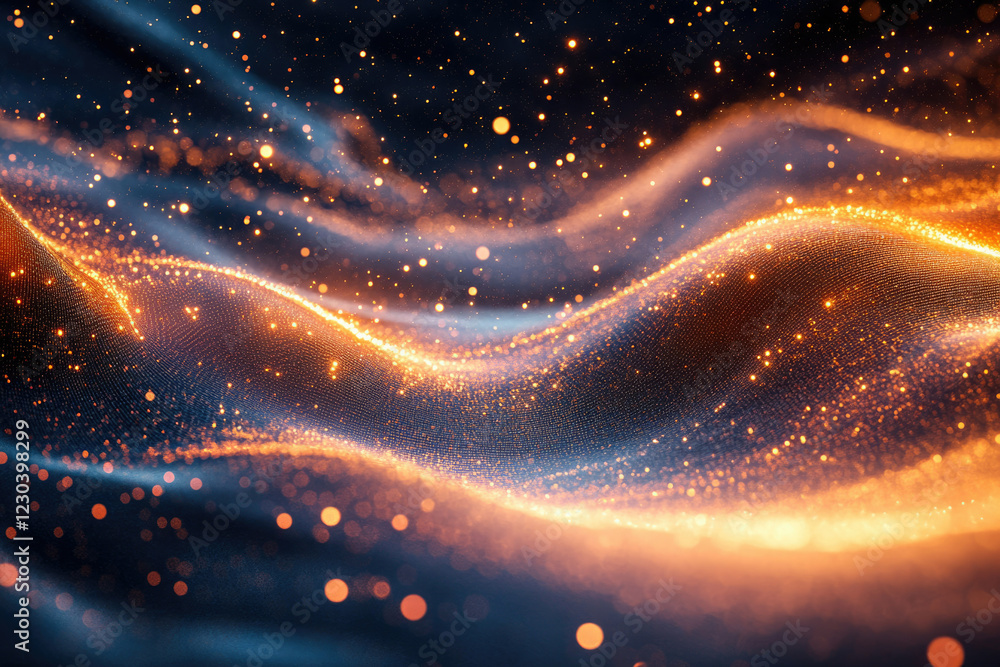Aufkleber abstract cosmic landscape with glowing particles forming wavy patterns, resembling a digital nebula.