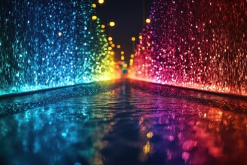 Illuminated Fountain at Night: Vibrant Colors and Cascading Water