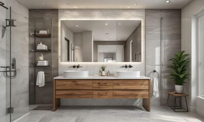 Separate vanity area from shower zone in modern bathroom, accessory storage, wall-mounted toilet