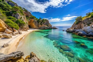 Secluded cove with crystal clear water and a white sandy beach surrounded by rocky cliffs, white sand, secluded, cove, anemone