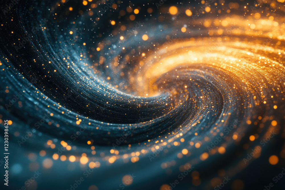 Poster a swirling vortex of glittering particles, a mesmerizing blend of teal and gold hues creating a cosm