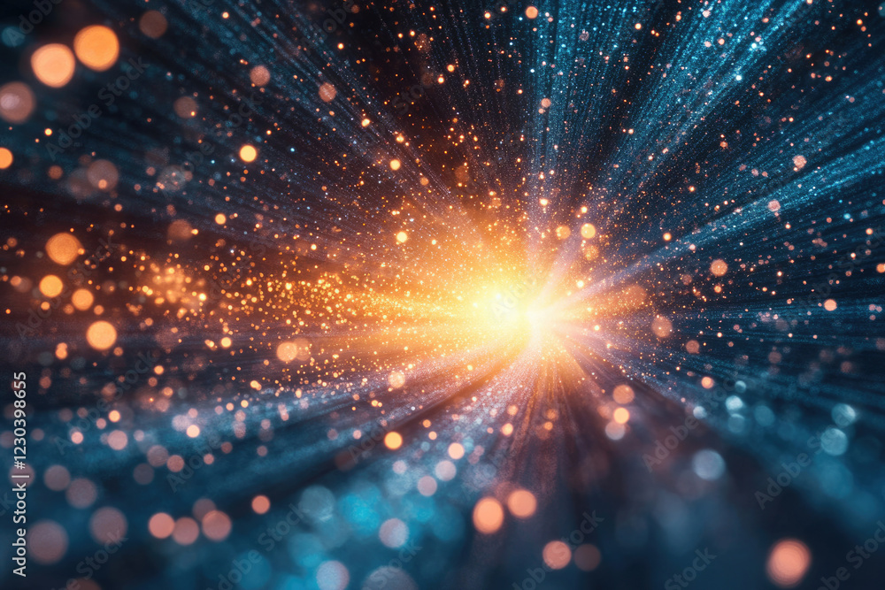 Poster abstract cosmic explosion with glowing particles and bokeh, radiating light and energy.