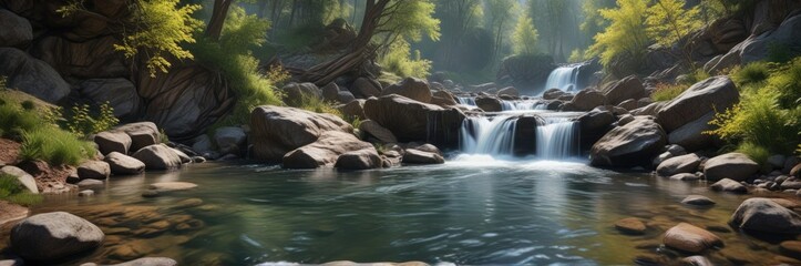 Fototapeta premium Serene creek waters flowing gently beyond Wildwood Falls , autumn leaves, scenery
