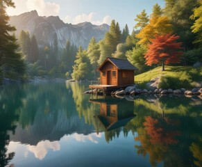 Fototapeta premium serene lake scene with a small wooden boat house and calm water, lake scene, calm water, tranquility