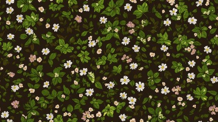 Floral Seamless Pattern Featuring Vibrant Blooms and Green Leaves on Dark Background, Capturing Natural Beauty in Botanical Design