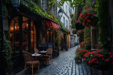 Fototapeta premium Parisian Cafe Scene: Couple, Cobblestones, and Vibrant Flower Boxes