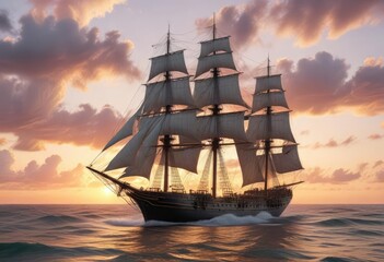 Fototapeta premium Serene oceanic waves reflect majestic tall ship's towering form against a backdrop of soft pastel clouds at sunset, peaceful atmosphere, serene ocean, calming waters