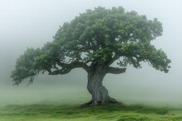 Old oak tree stands majestically in thick fog showcasing intricate bark texture