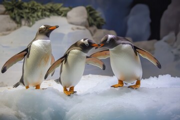 Obraz premium Penguins playfully pushing each other on an iceberg in a cold environment