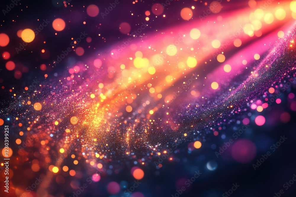 Poster abstract cosmic art with vibrant colors, glowing particles and bokeh effect, creating a magical, dre