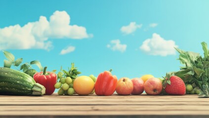 Vibrant Summer Produce on Wooden Table Against Blue Sky