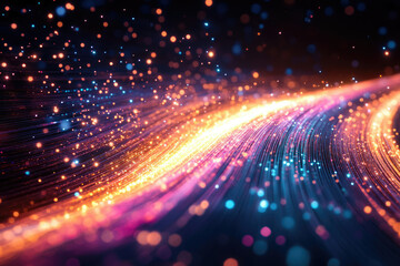 Obraz premium Abstract swirling light trails, vibrant colors, sparkling particles, dark background, digital art.