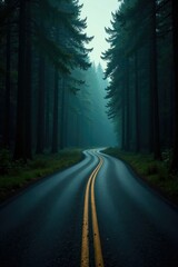 Fototapeta premium A lonely, winding road that disappears into the darkness of a dense forest, winding, path, isolation