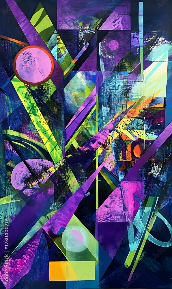 Poster abstract background featuring intersecting diagonal lines in purple and green with geometric shapes