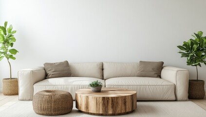 Modern Minimalist Living Room Interior Design: Beige Sofa, Wooden Coffee Table, and Natural Plants