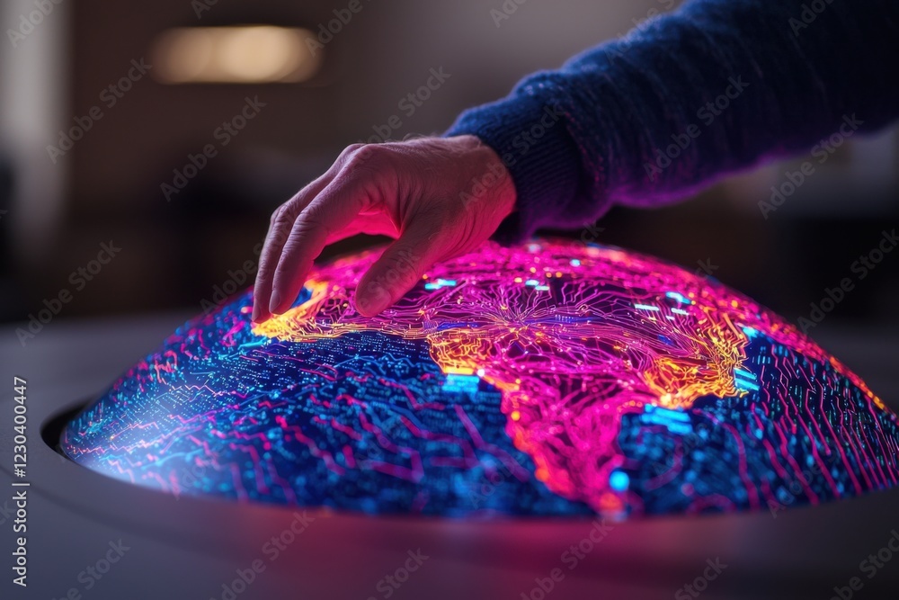 Poster a hand interacts with a vibrant, illuminated globe, showcasing intricate patterns in bright colors, 