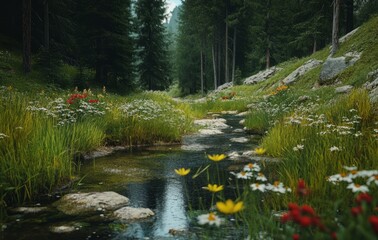Lush green landscape with a serene stream surrounded by vibrant wildflowers during a calm afternoon in a forested area