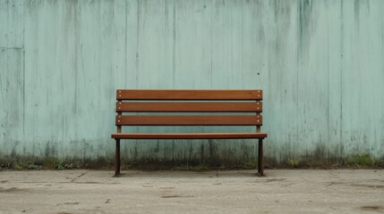Wooden park bench against a weathered wall.