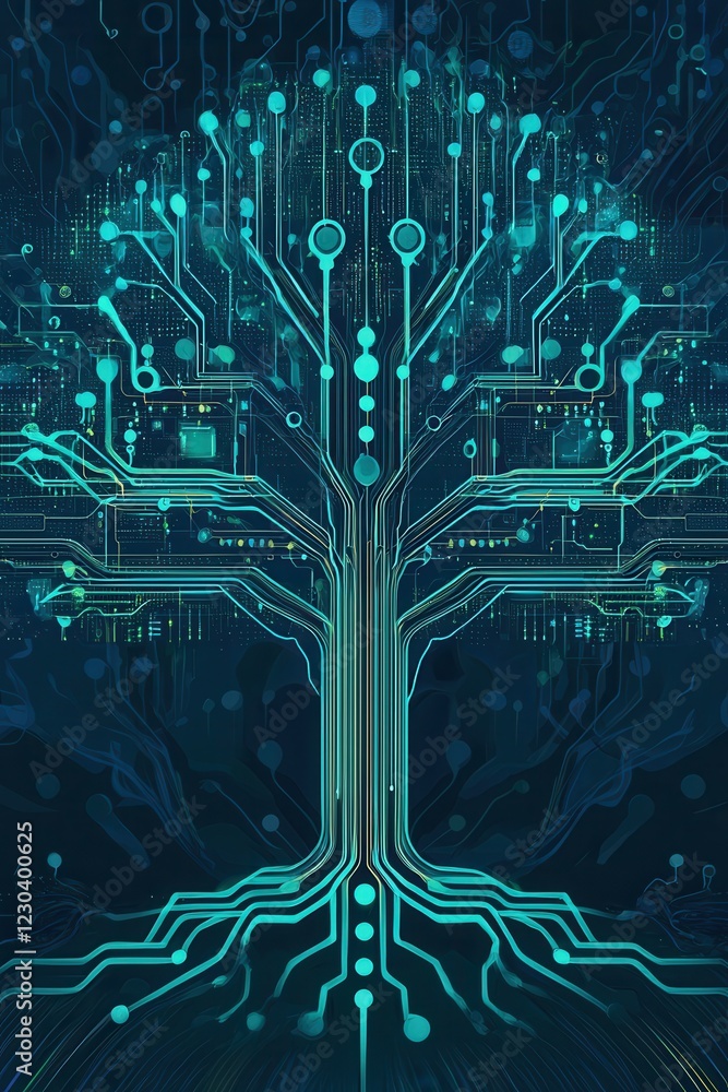 Poster a digital illustration of a tree formed by intricate circuitry, symbolizing the intersection of natu