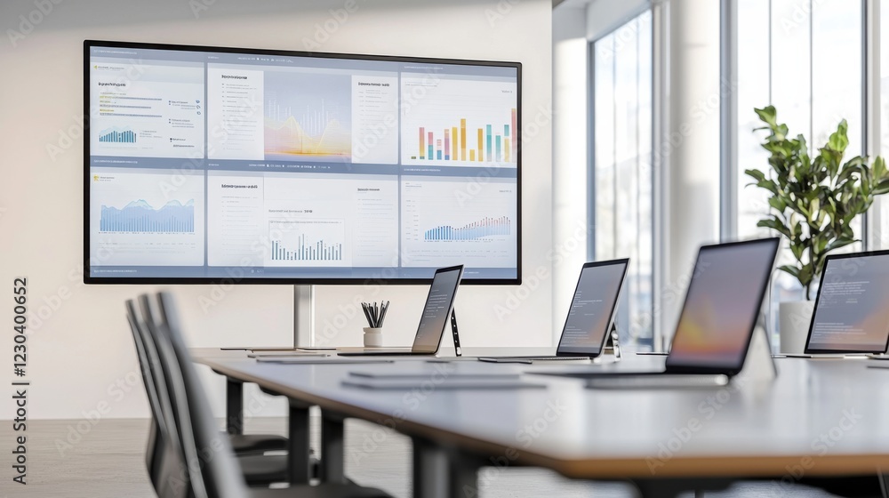 Poster a bright conference room features a large screen displaying various analytical graphs, with sleek la