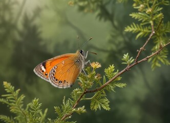 Small Heath Coenonympha pamphilus on a twig with branches, branch, tree