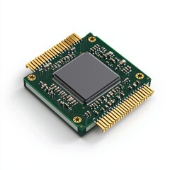 A compact electronic circuit board featuring a microchip with gold contacts, essential for various technological applications.