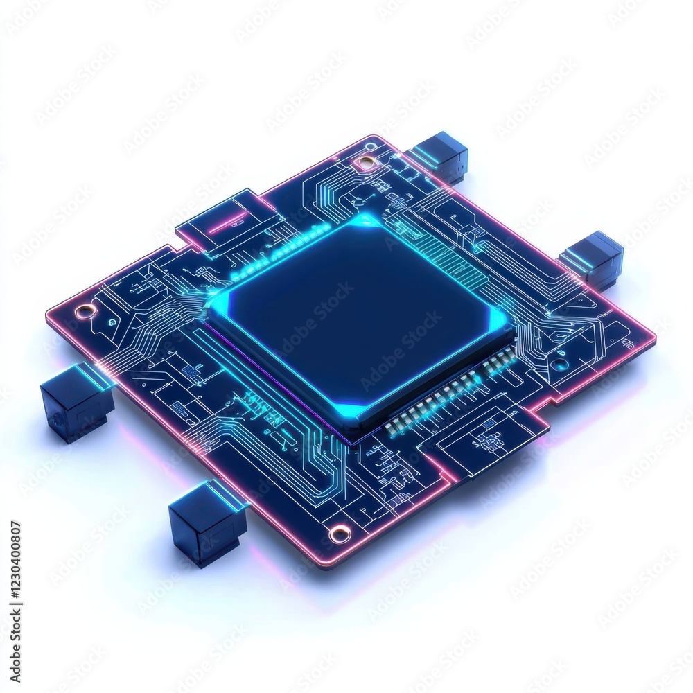 Poster a futuristic microchip with a glowing core, positioned on a circuit board, showcasing intricate elec