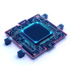 A futuristic microchip with a glowing core, positioned on a circuit board, showcasing intricate electronic designs and connections.