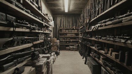 A dimly lit room filled with shelves stocked with various firearms and ammunition.