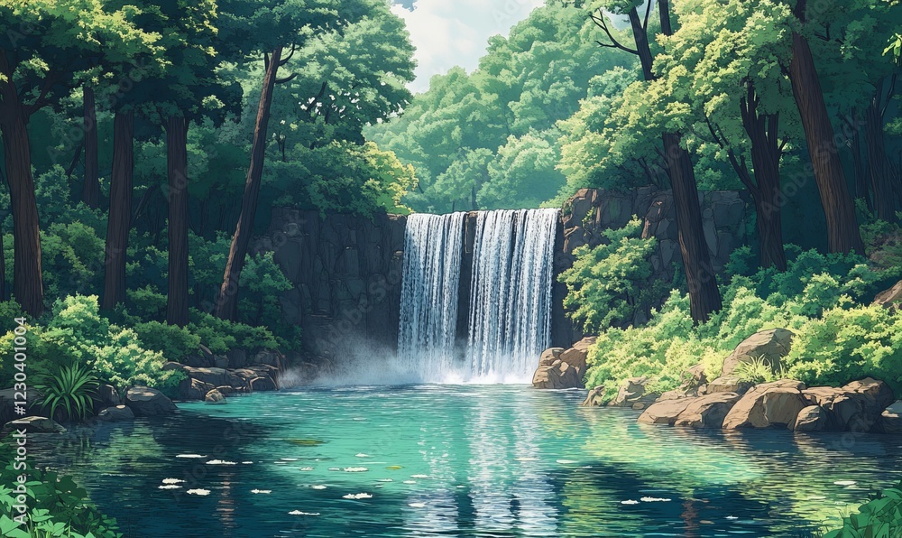 Poster serene waterfall cascading into a tranquil pond, surrounded by lush greenery and towering trees in a
