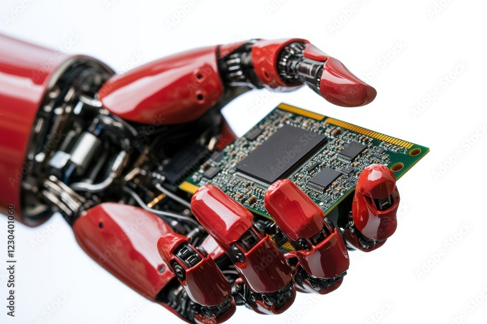 Poster a robotic hand holds a circuit board, showcasing the intersection of technology and robotics in a vi