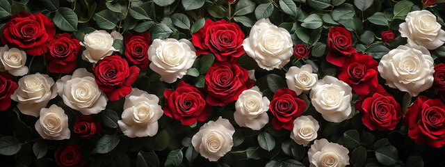 Elegant Floral Backdrop of White and Red Roses with Dark Green Leaves, Featuring Fine Textured Petals Creating a Beautiful Pattern. Generative AI