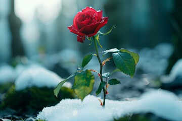 A single red rose stands elegantly amidst soft, white snow, glistening with dew in a serene, tranquil setting. Hope Amidst the Snow, Silent Growth