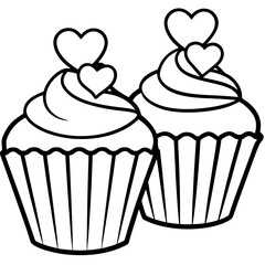 Minimalist Cupcakes with Heart Toppings - Line Art Design