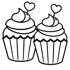 Minimalist Cupcakes with Heart Toppings - Line Art Design