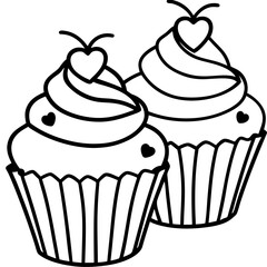 Minimalist Cupcakes with Heart Toppings - Line Art Design