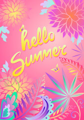 Vertical poster with tropical jungle plants, flowers and fern leaves for summer party invitation, social media design.eps