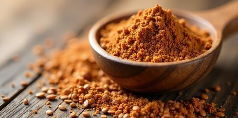 Crunchy brown particles scattered in a wooden bowl, flax seeds flour, natural, nutrition