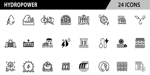 Set of 24 outline icons related to hydropower. Editable stroke. Vector illustration.