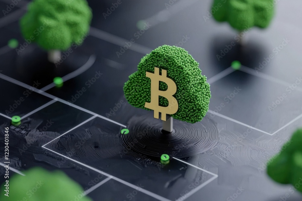 Poster a stylized tree with a bitcoin symbol stands on a digital grid, representing the intersection of cry