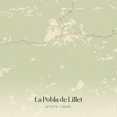 Retro Spanish map of La Pobla de Lillet, Catalu�a. Vintage street map.