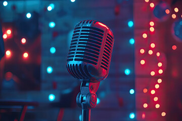 Vintage Microphone Against Illuminated Background, Copy Space for Talent Show or Karaoke Banner